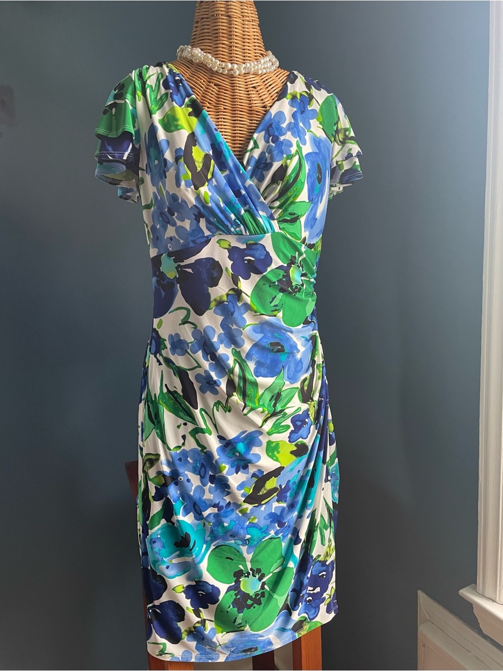 Lauren Ralph Lauren Cannes Blue Floral Stretch Faux Wrap Dress Size 14